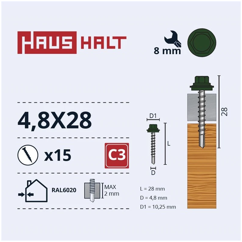 Pašvīdējošie skrūves Haushalt. DIN 7504K. 4.8 x 28 mm. 15 gab.