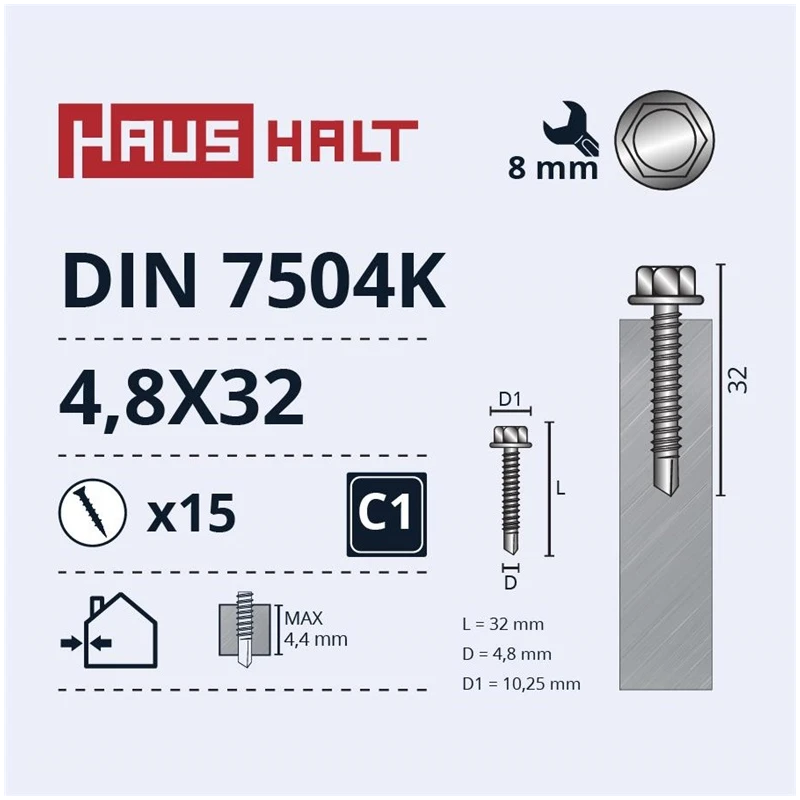 Pašvīdējošie skrūves Haushalt. DIN 7504K. 4.8 x 32 mm. 15 gab.