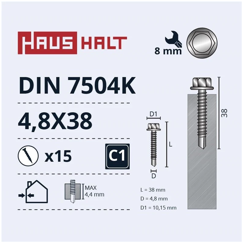 Pašvīdējošie skrūves Haushalt. DIN 7504K. 4.8 x 38 mm. 15 gab.