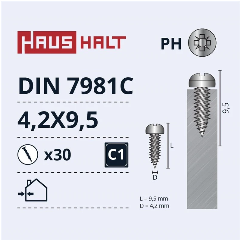 Pašvīdēšanas skrūves Haushalt. DIN7981C. 4.2 x 9.5 mm. 30 gab.
