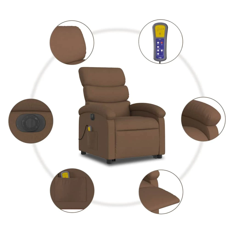 vidaXL elektrisks masāžas krēsls, paceļams, atgāžams, brūns audums