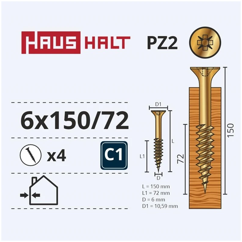 Koksnes skrūves Haushalt, 6x150-72 mm, cinkotas, PZ3, 4 gab.