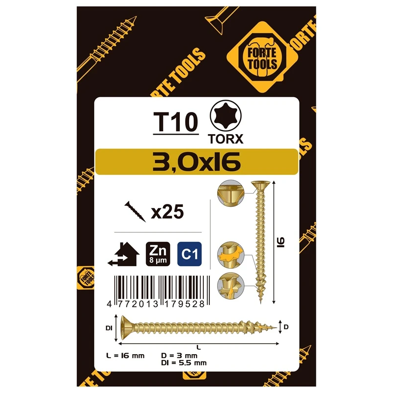 Medskrūves Fortel Tools. 3 x 16 mm. ZN. TX10. 25 gab.
