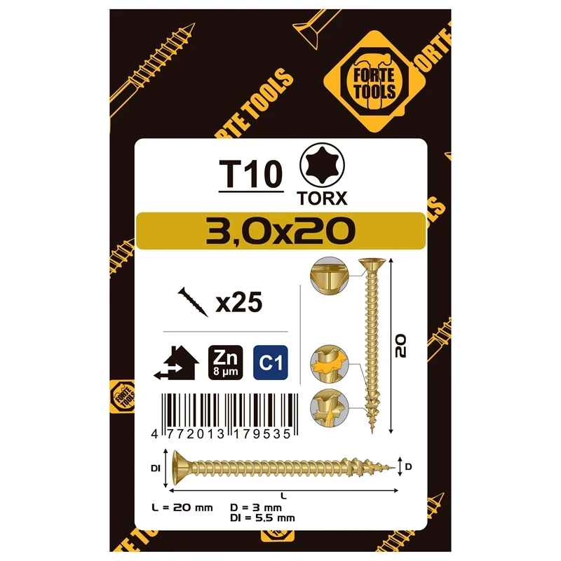 Medsraigčiai Forte Tools. 3 x 20 mm. ZN. TX10. 25 gab.