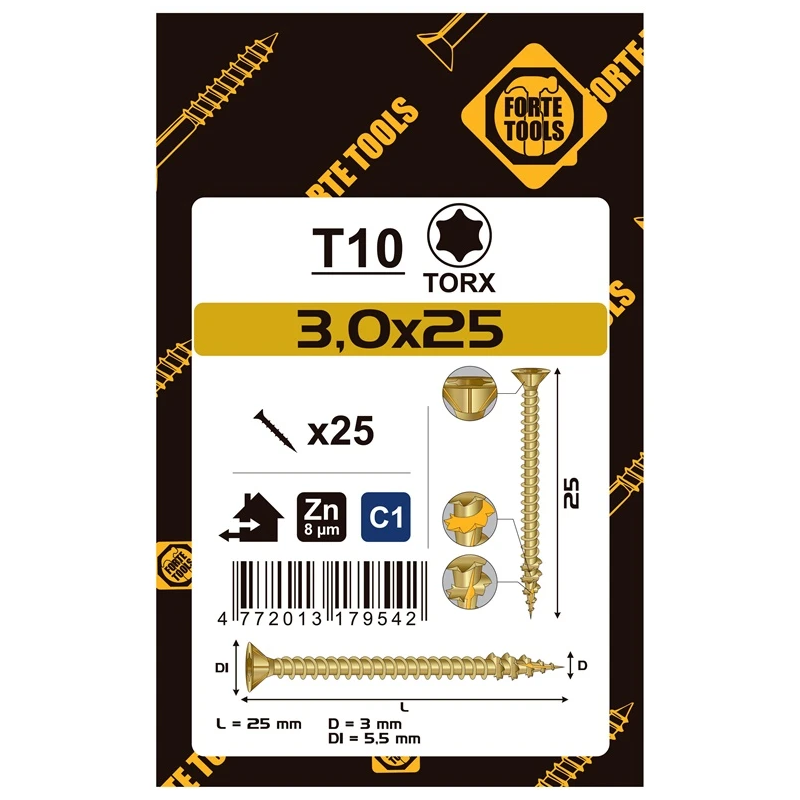 Koka skrūves 3 x 25 mm. ZN. TX10. 25 gab.