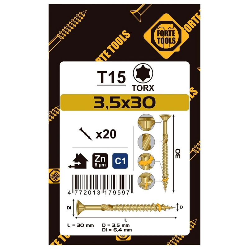 Koksnes skrūves 3.5 x 30 mm. ZN. TX15. 20 gab.