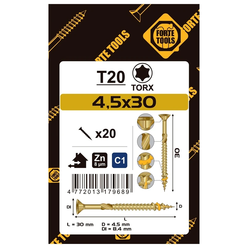 Koka skrūves 4.5 x 30 mm. ZN. TX20. 20 gab.
