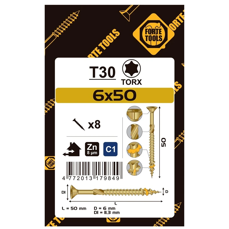 Koksnes skrūves 6 x 50 mm. ZN. TX30. 8 gab.
