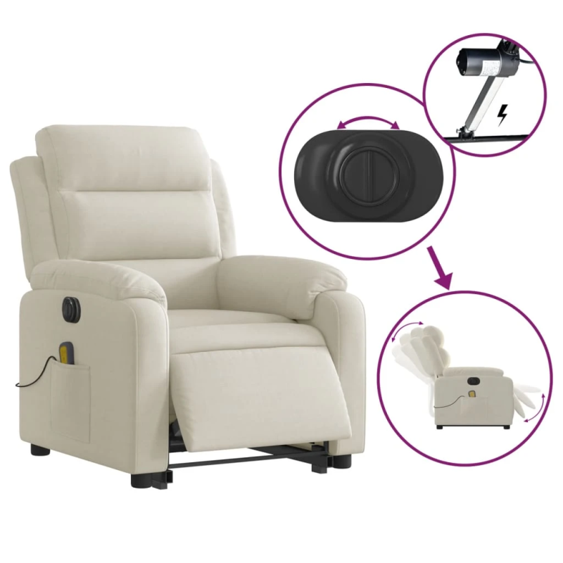vidaXL elektrisks masāžas krēsls, paceļams, krēmkrāsas samts