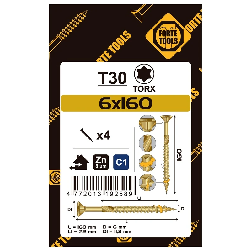 Koksnes skrūves Forte Tools 6 x 160-72 mm ZN TX30 4 gab.