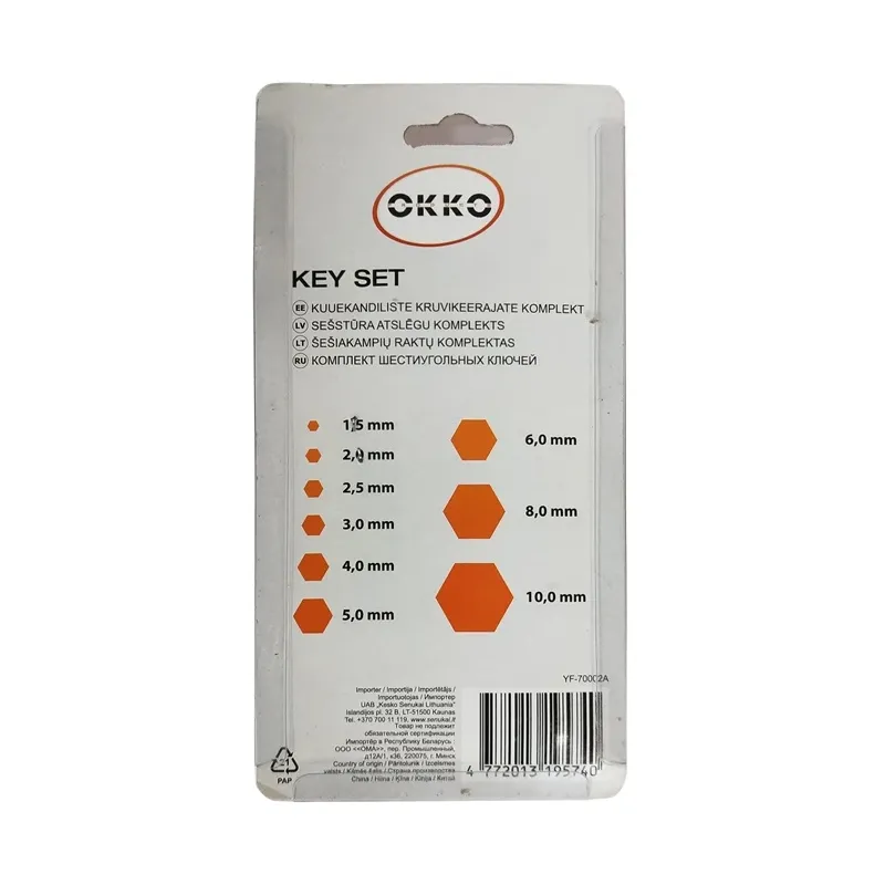 Sešstūra uzgriežņu atslēgu komplekts Okko YF-70002A, sešstūra, 10 cm