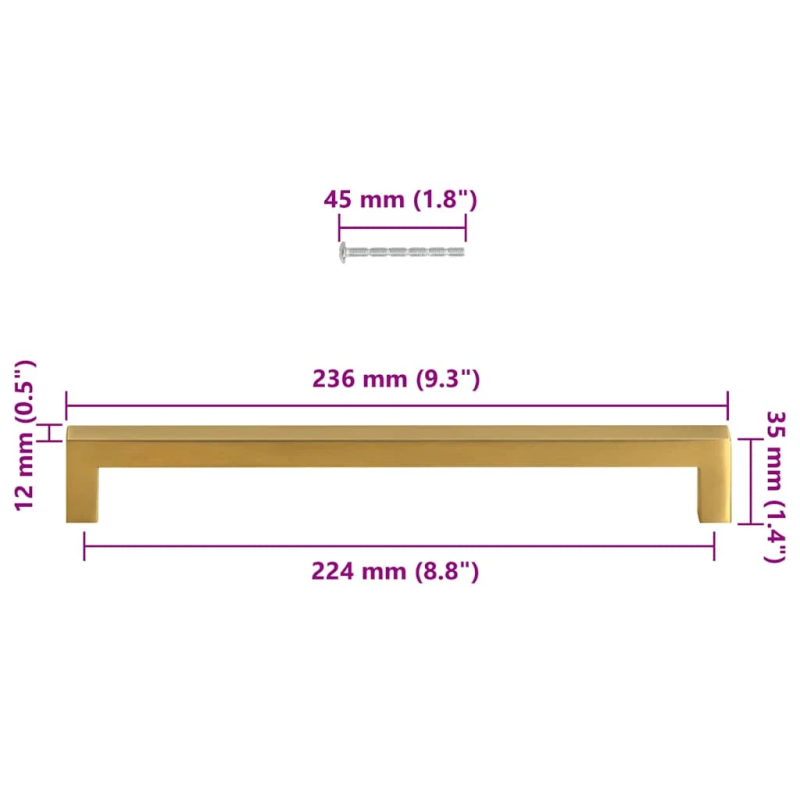 vidaXL skapja rokturi, 5 gab., zelta, 224 mm, nerūsējošais tērauds