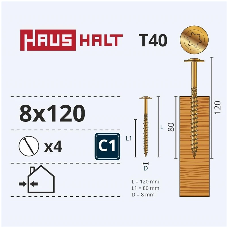 Kokskrūves 8x120-80 mm cink. t40 4 gab.