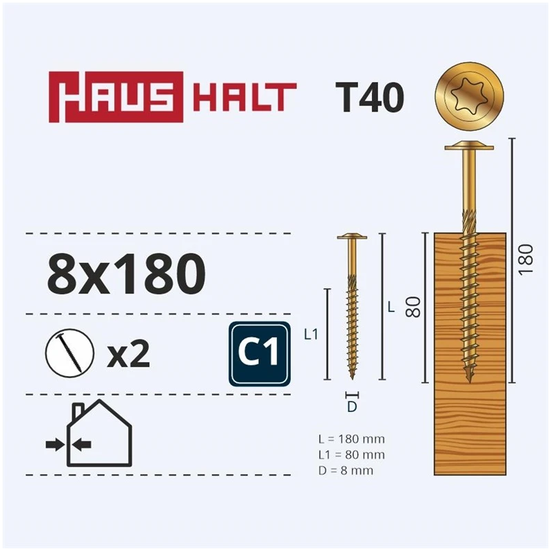 Kokskrūves 8x180-80 mm cink. t40 2 gab.