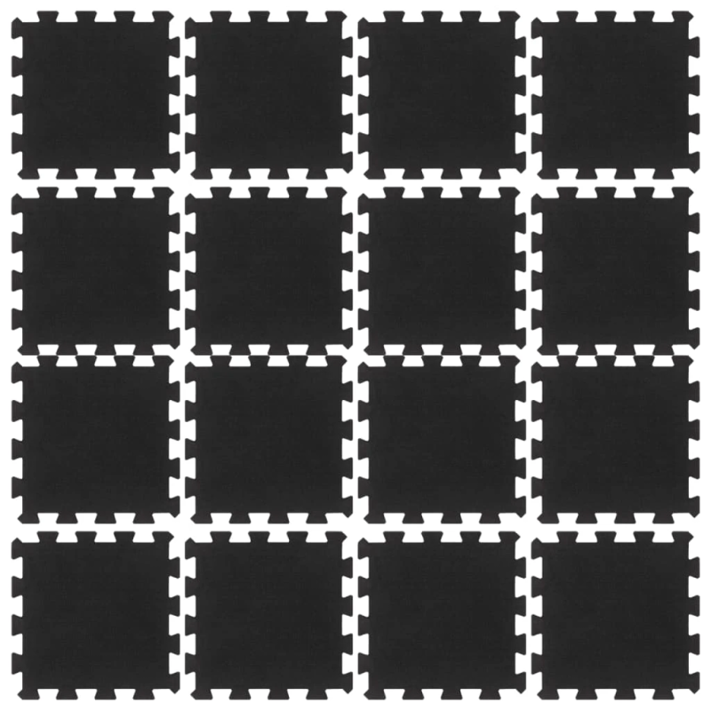 vidaXL paklājflīzes, 16 gab., melnas, 16 mm, 30x30 cm, gumija