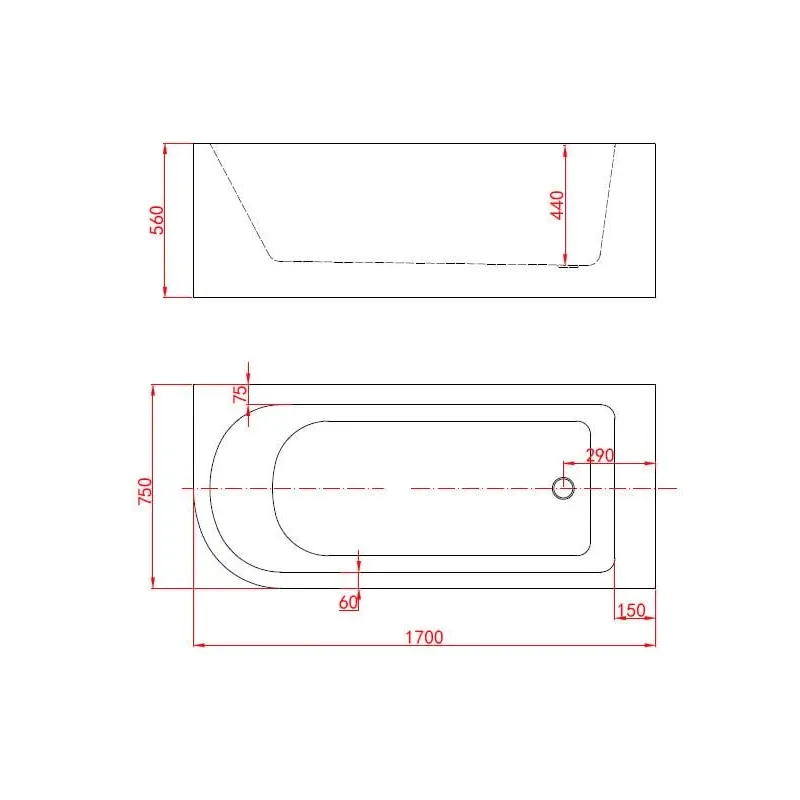 Vanna, brīvi novietots Masterjero K29775R, 170 cm x 75 cm x 56 cm, labā, balta krās.