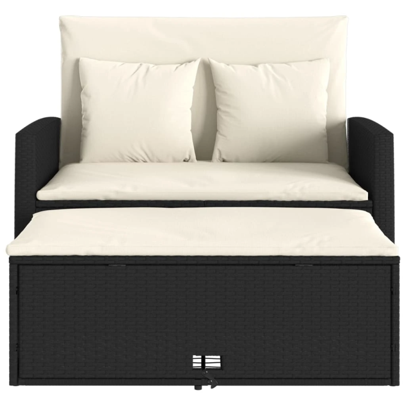 vidaXL divvietīgs dārza dīvāns ar matračiem, melna PE rotangpalma