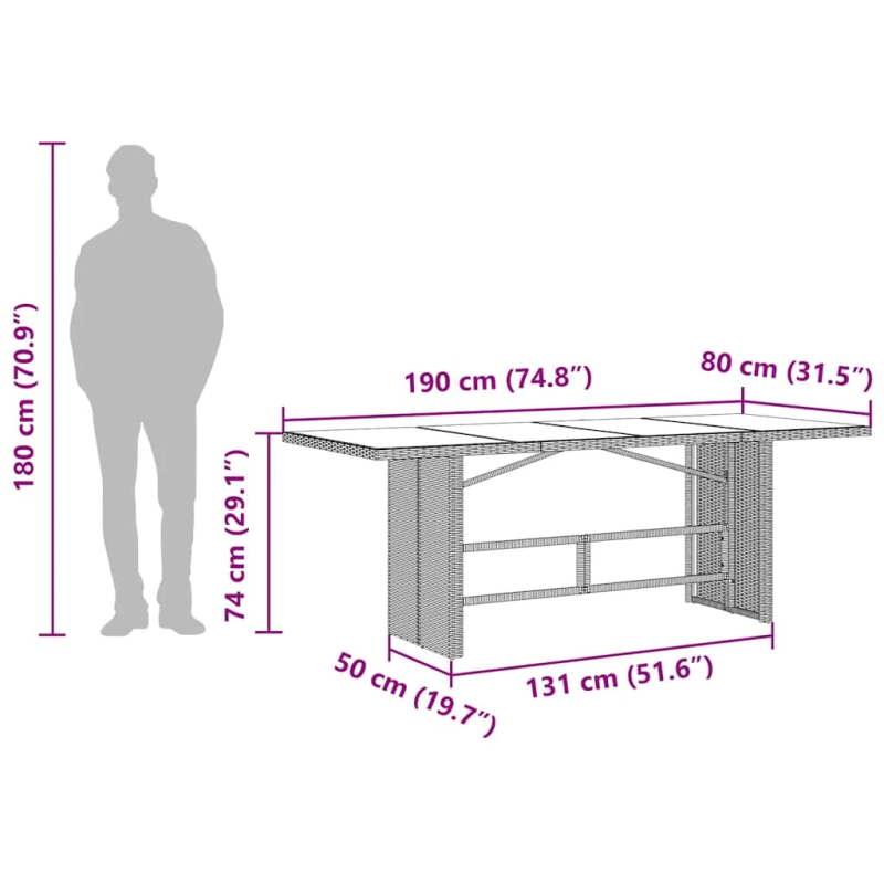 vidaXL dārza galds ar stikla virsmu, 190x80x74cm, melna PE rotangpalma