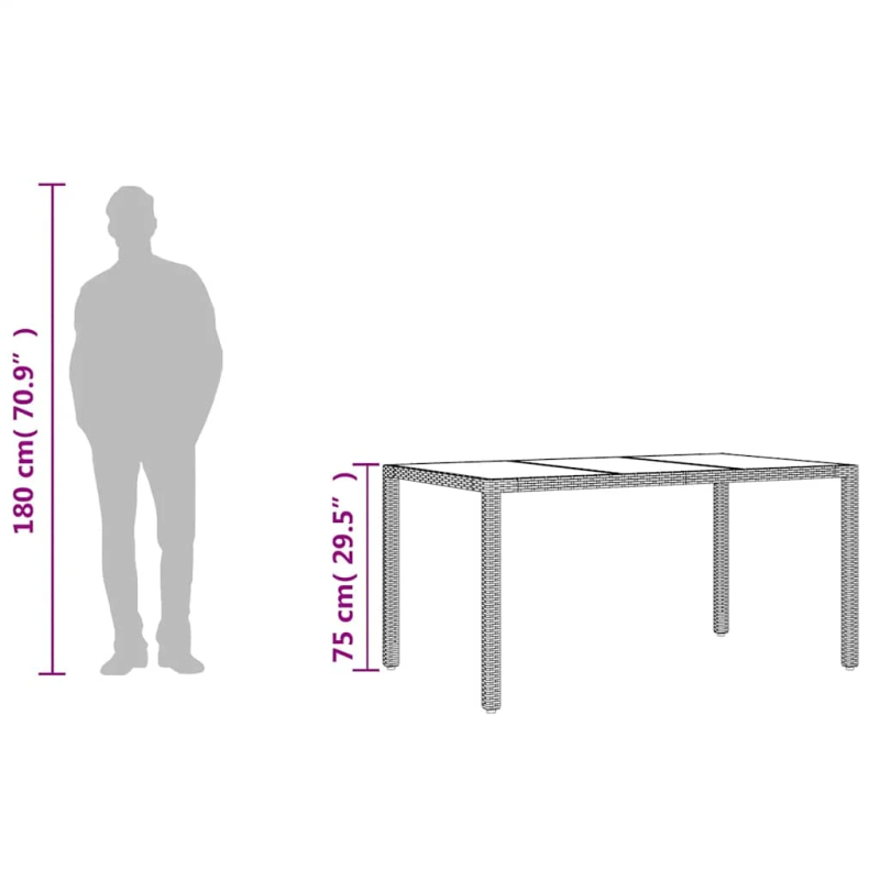 vidaXL dārza galds, stikla virsma, brūns, 150x90x75 cm, PE rotangpalma