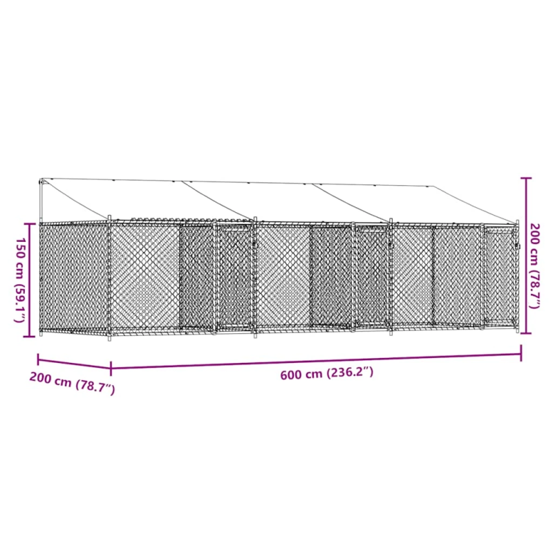 vidaXL suņu būris ar jumtu un durvīm, pelēks, 6x2x2 m, cinkots tērauds