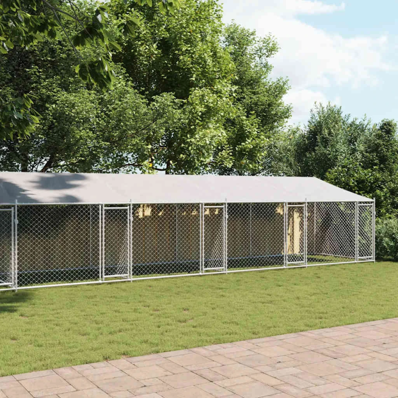vidaXL suņu būris ar jumtu un durvīm, pelēks, 12x2x2m, cinkots tērauds