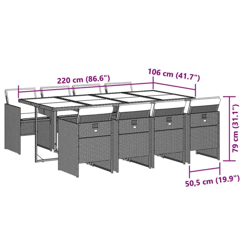 vidaXL 9-daļīgs dārza mēbeļu komplekts, matrači, melns, PE rotangpalma