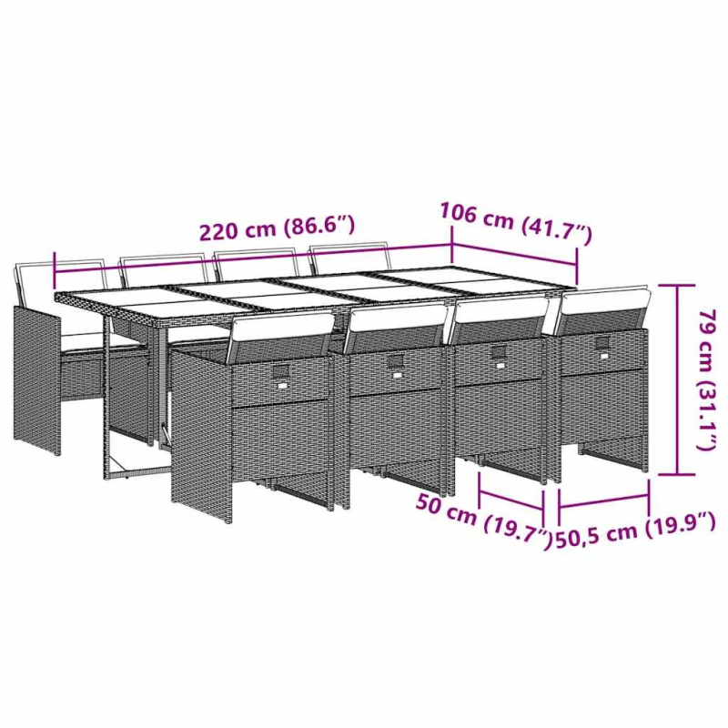 vidaXL 9-daļīgs dārza mēbeļu komplekts, matrači,gaiši pelēka PE pinums