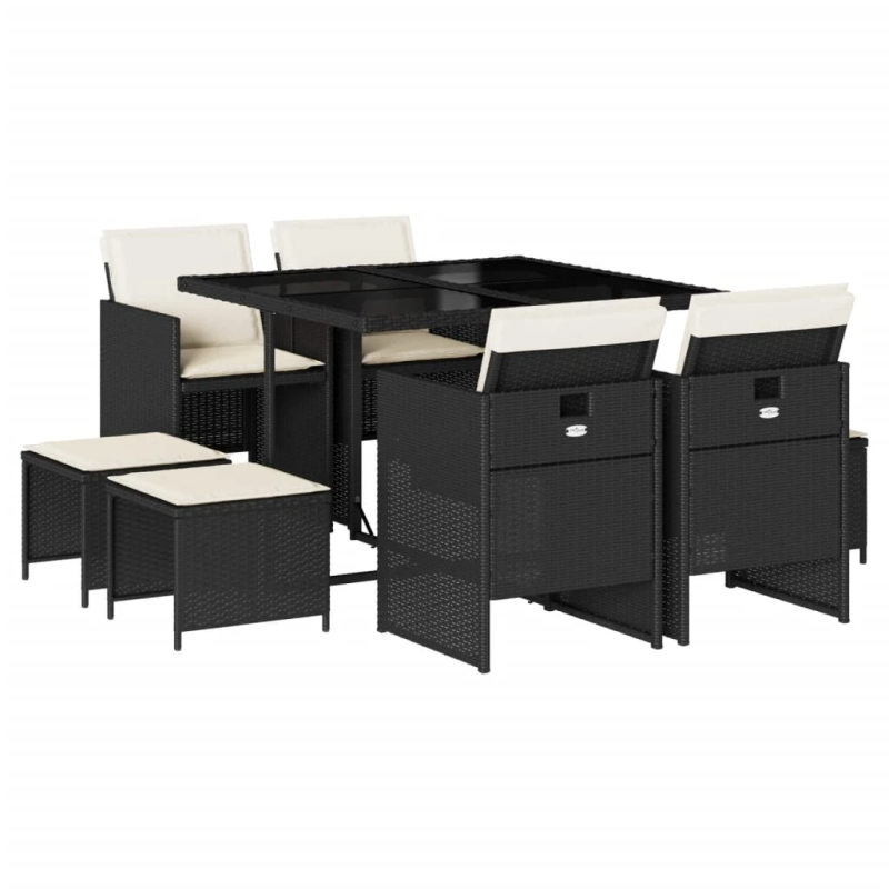 vidaXL 9-daļīgs dārza mēbeļu komplekts, matrači, melns, PE rotangpalma