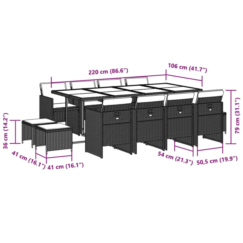 vidaXL 13-daļīgs dārza mēbeļu komplekts ar matračiem, melns PE