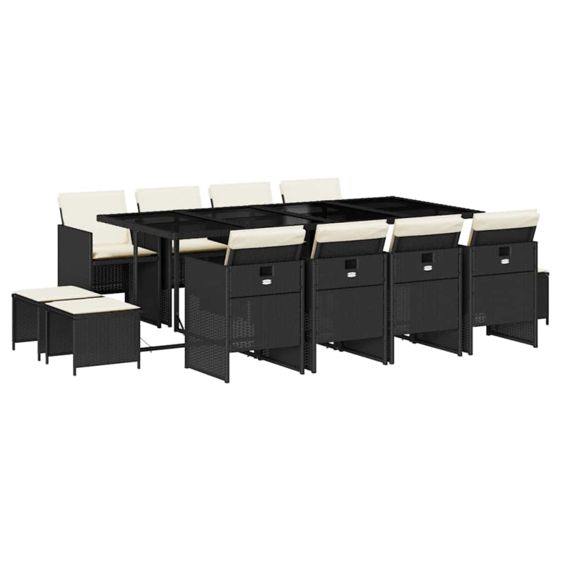 vidaXL 13-daļīgs dārza mēbeļu komplekts ar matračiem, melns PE