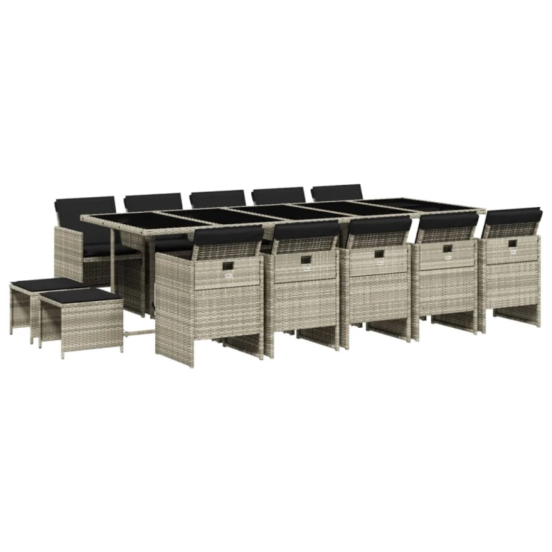 vidaXL 15-daļīgs dārza mēbeļu komplekts ar matračiem, gaiši pelēka PE