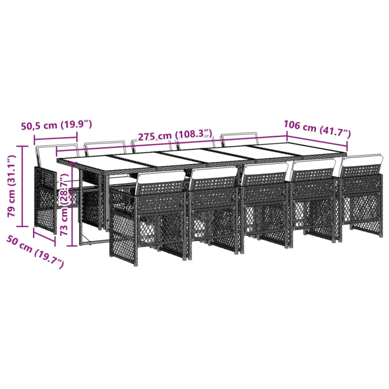 vidaXL 11-daļīgs dārza mēbeļu komplekts, matrači, melna PE rotangpalma
