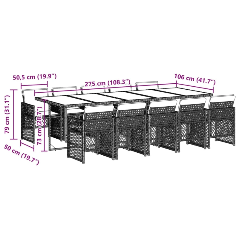 vidaXL 11-daļīgs dārza mēbeļu komplekts ar matračiem, PE rotangpalma