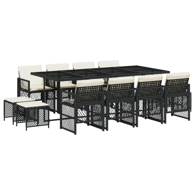 vidaXL 13-daļīgs dārza mēbeļu komplekts ar matračiem, melns PE