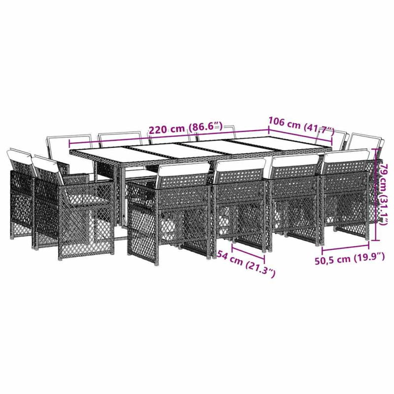 vidaXL 13-daļīgs virtuves mēbeļu komplekts ar matračiem,PE rotangpalma