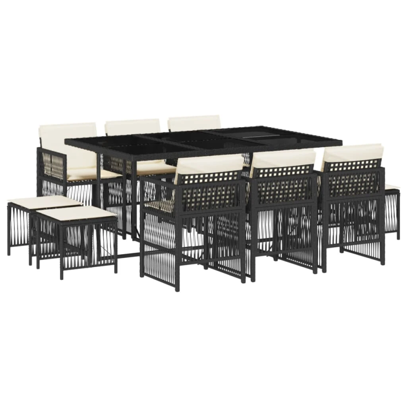 vidaXL 11-daļīgs dārza mēbeļu komplekts, matrači, melna PE rotangpalma