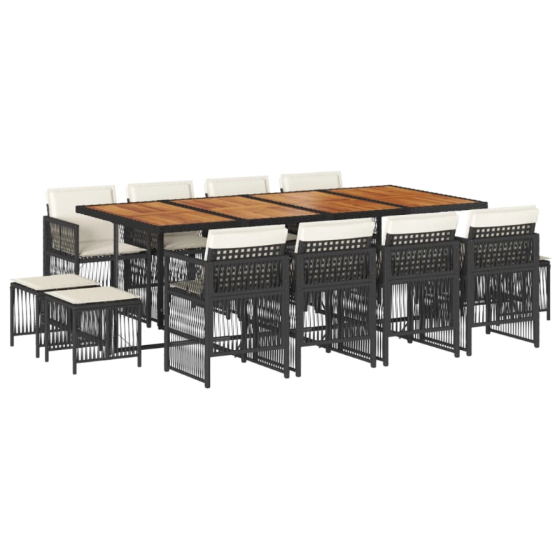 vidaXL 13-daļīgs dārza mēbeļu komplekts ar matračiem, melns PE