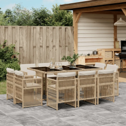 vidaXL 11-daļīgs dārza mēbeļu komplekts, matrači, bēša PE rotangpalma