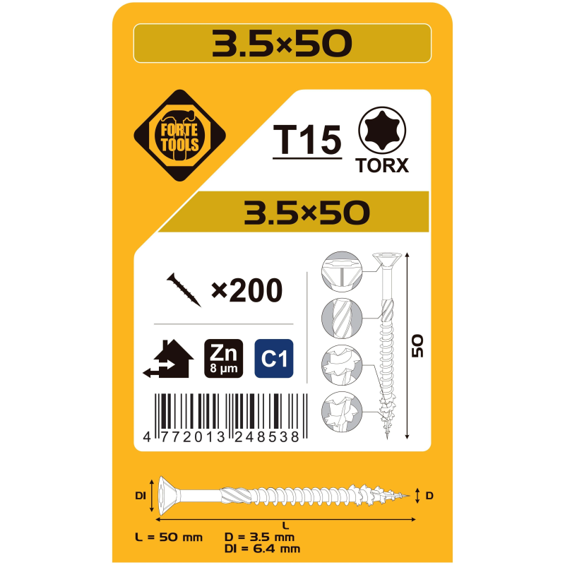 Koka skrūves 3.5x50 mm zn tx15 200 gab.