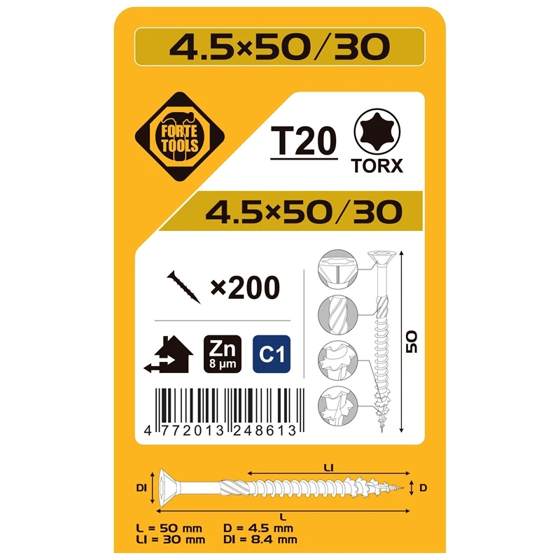 Koka skrūves 4.5x50-30 mm zn tx20 200gab