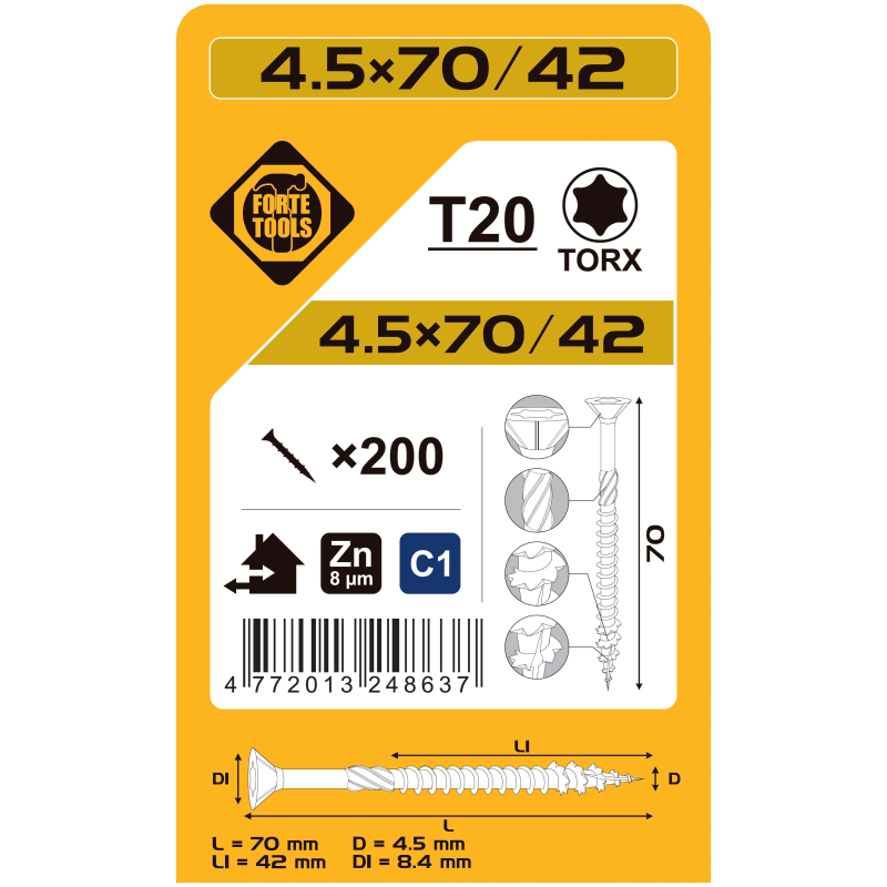 Koka skrūves 4.5x70-42 mm zn tx20 200gab