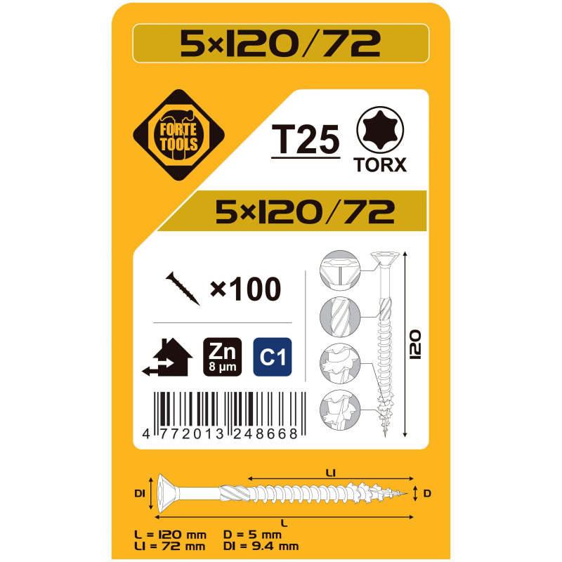 Koka skrūves 5x120-72 mm zn tx25 100gab.