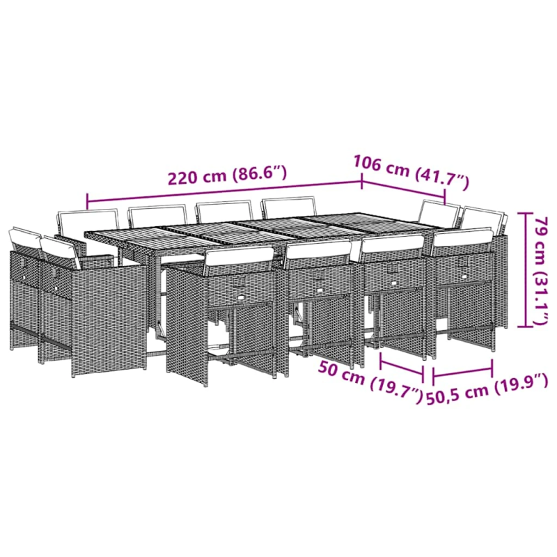 vidaXL 13-daļīgs dārza mēbeļu komplekts ar matračiem, gaiši pelēka PE