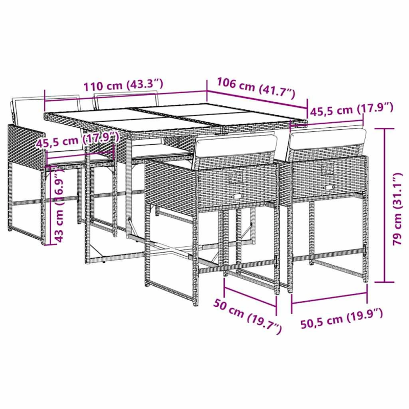 vidaXL 5-daļīgs dārza mēbeļu komplekts, matrači, pelēka PE rotangpalma
