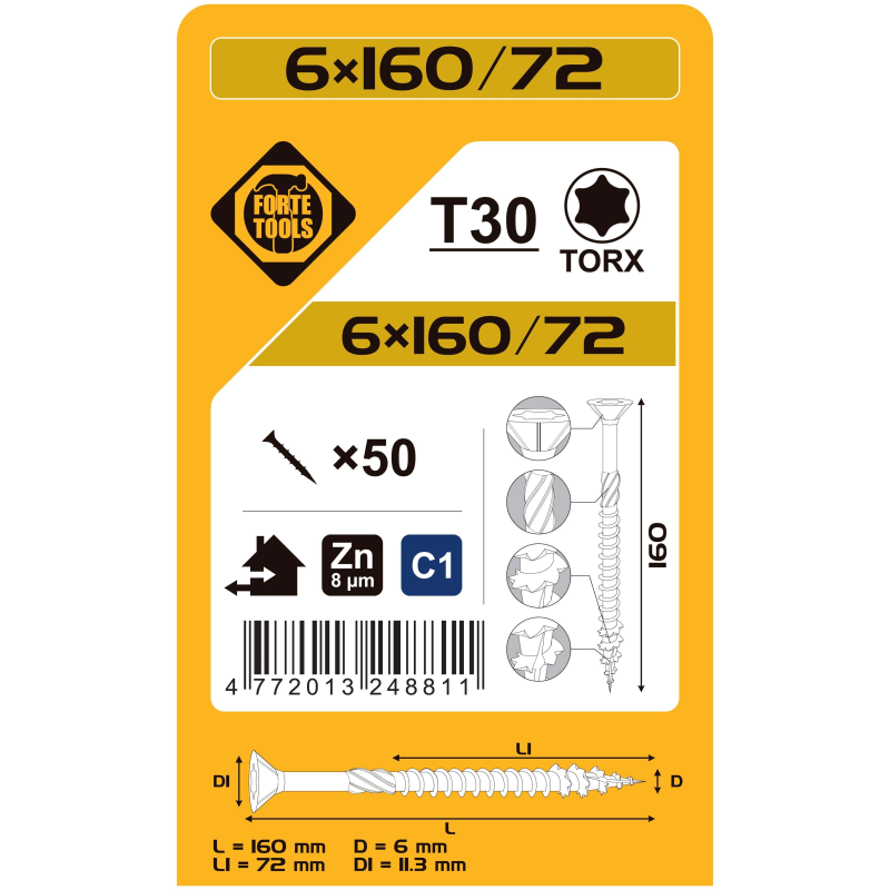Koka skrūves 6x160-72 mm zn tx30 50 gab.