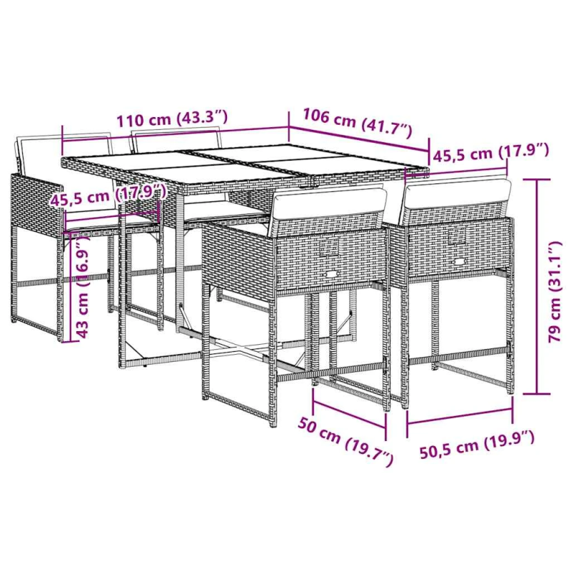 vidaXL 5-daļīgs dārza mēbeļu komplekts, matrači, melna PE rotangpalma