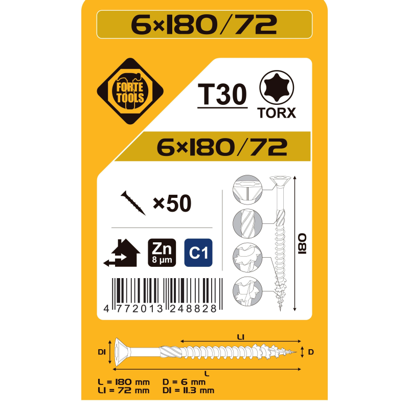Koka skrūves 6x180-72 mm zn tx30 50 gab.