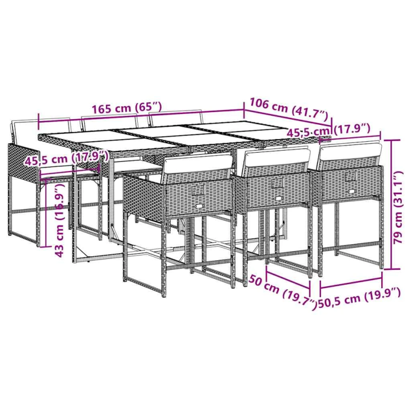 vidaXL 7-daļīgs dārza mēbeļu komplekts, matrači, pelēka PE rotangpalma