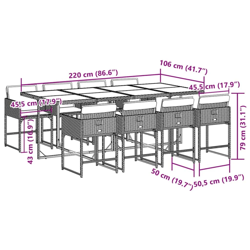 vidaXL 9-daļīgs dārza mēbeļu komplekts, matrači, melns, PE rotangpalma