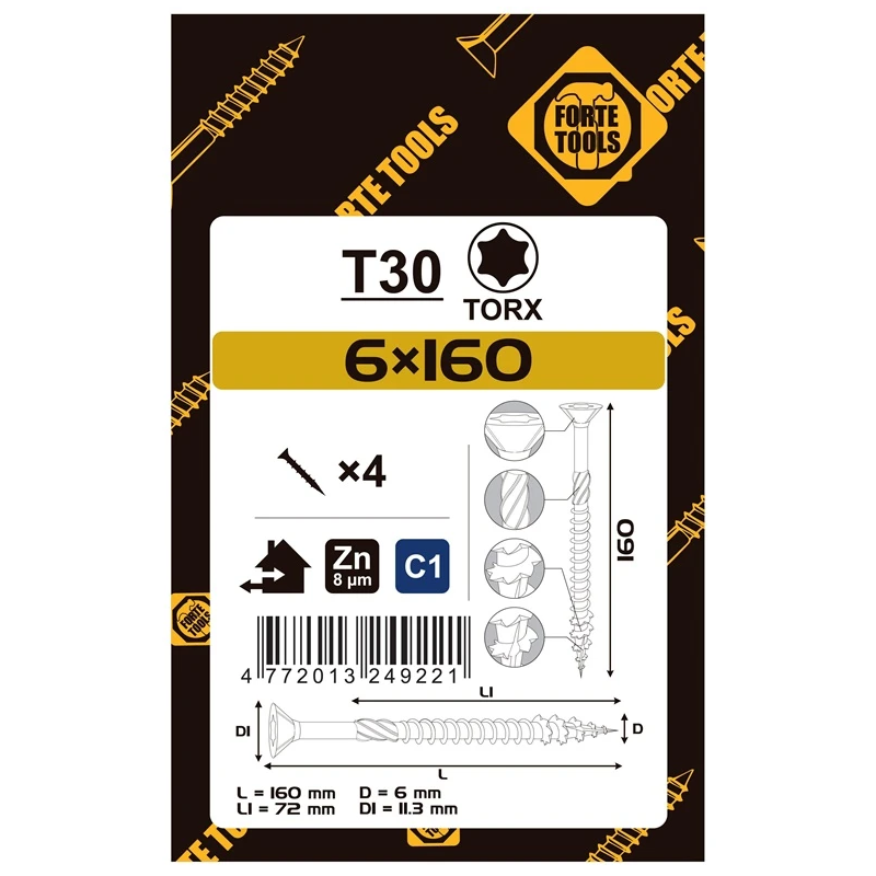 Koka skrūves 6x160-72 mm zn tx30 4 gab.